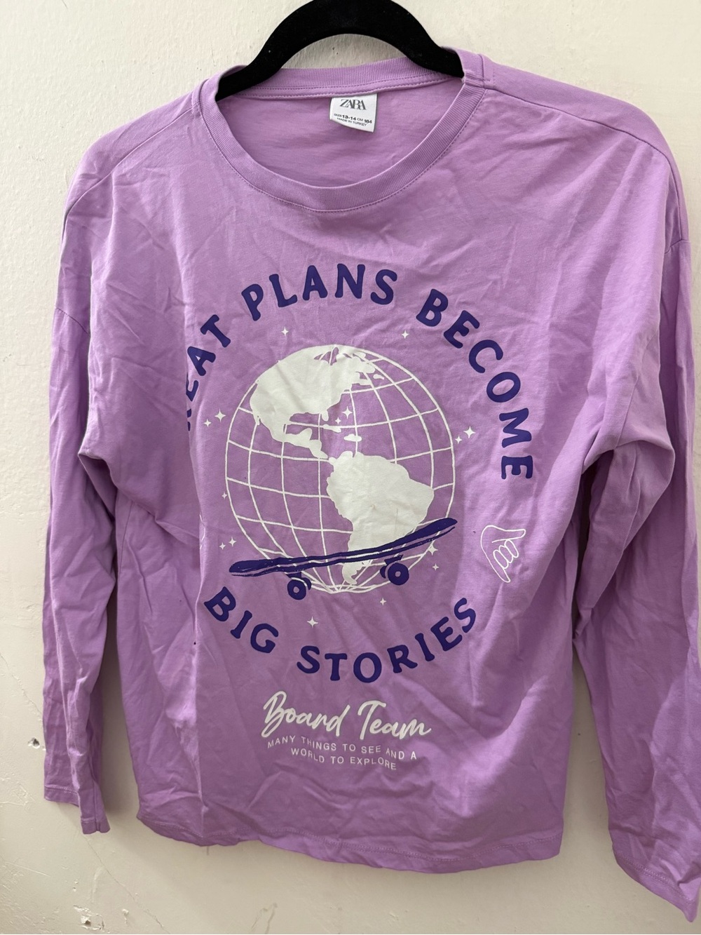 Zara Lavender Long-Sleeve Graphic Tee with Globe Skateboard Print